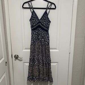 Angie Navy and White Floral Tiered Maxi Dress